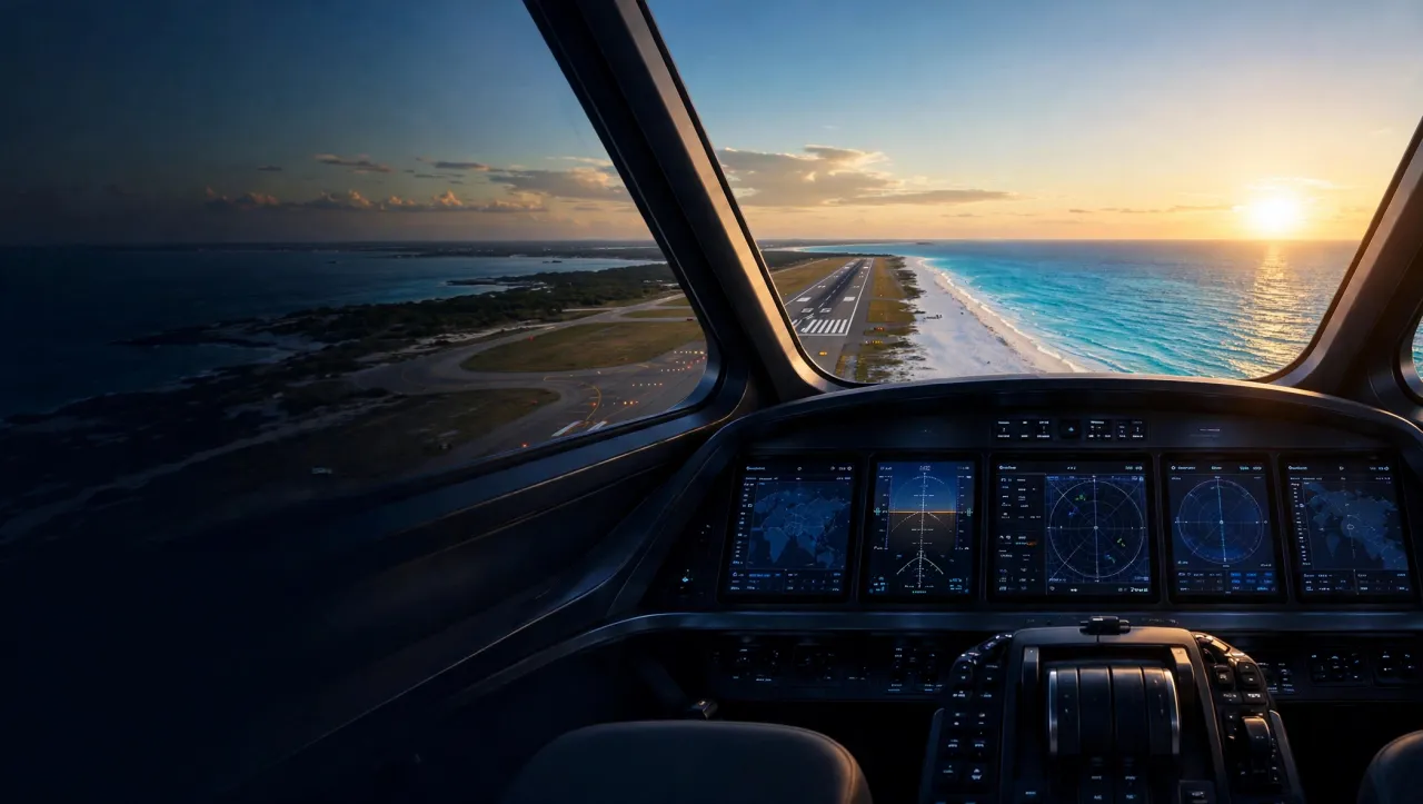 View from the cockpit on approach to a seaside runway, the sun low on the horizon.