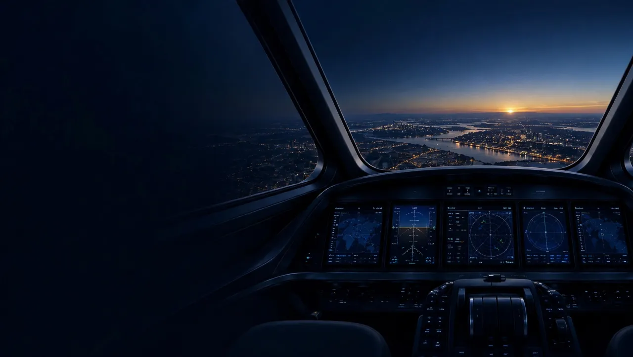 View from the cockpit, flying at night over a city lit up below, a glow on the horizon.